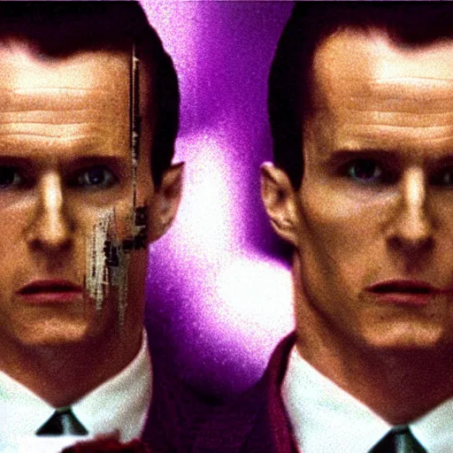 Image similar to a scene from the movie american psycho, glitch art