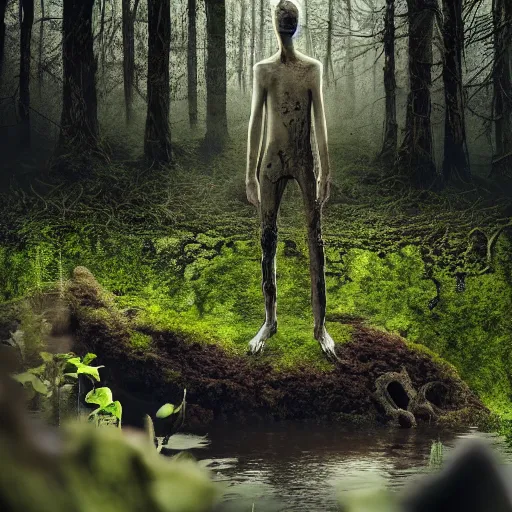 Prompt: Enigmatic Slender Man with Mud and Moss over his skin and plants growing on him is kneeling in a dirty pond, Photorealistic, Sunlight, Creepy, Photograph, National Geographic, Hyperdetailed
