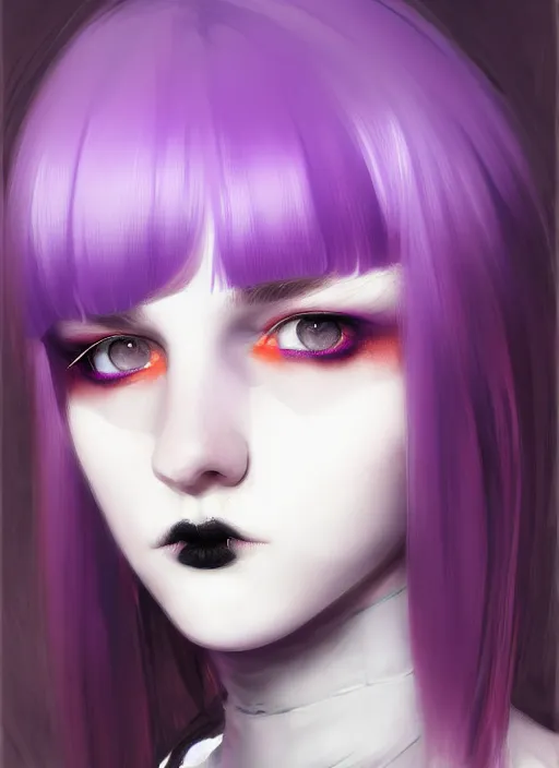 Image similar to portrait of white teenage girl, normal face, white bangs, mall goth, cyberlox, black and white hair, bangs, fluffy bangs, red contact lenses, purple lipstick, intricate, elegant, highly detailed, digital painting, artstation, concept art, sharp focus, smooth, illustration, art by wlop, mars ravelo and greg rutkowski