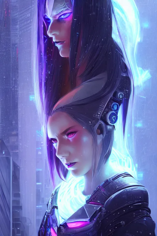 Image similar to portrait futuristic evil cyberpunk young female Death Knight, in futuristic snowy tokyo rooftop cyberpunk night, ssci-fi, fantasy, intricate, very very beautiful, elegant, neon light, highly detailed, digital painting, artstation, concept art, soft light, hdri, smooth, sharp focus, illustration, art by tian zi and craig mullins and WLOP and alphonse mucha