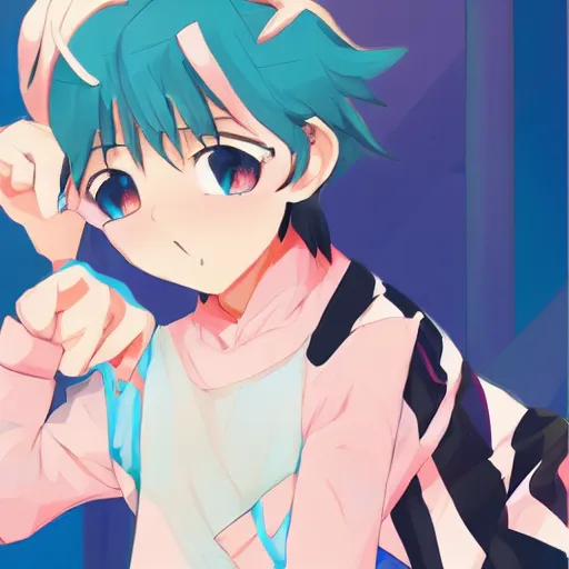 Prompt: teal and orange tiger vtuber androgynous genderless nonbinary boyish HD hololive manga pastel cute pixiv with light blue skin