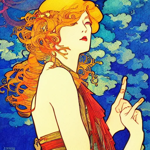 Prompt: the sun. beautiful, realistic painting by mucha and kuvshinov and bilibin and malevich. synthwave watercolor, thick lining, manga, soviet realism