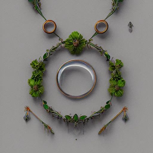 Image similar to intricate! organic, nordic wedding ring, necklace, gemstones, dreamy floral background, refraction, occlusion, lower and upper levels, keyshot render, octane render, vray render