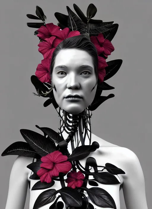 Image similar to monochrome 3 d model, biomechanical young female cyborg with porcelain profile face and a big floral eye, volumetric light, big leaves foliage and stems, hibiscus flowers, boho floral vines, sinuous fine roots, fine foliage lace, alexander mcqueen, rim light, art nouveau fashion pearl embroidered collar, steampunk, redshift render, 8 k