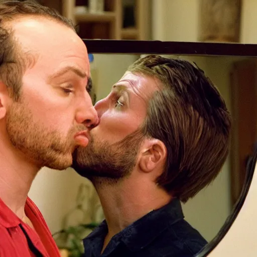 Prompt: jobe from arrested development kissing his own reflection in the mirror