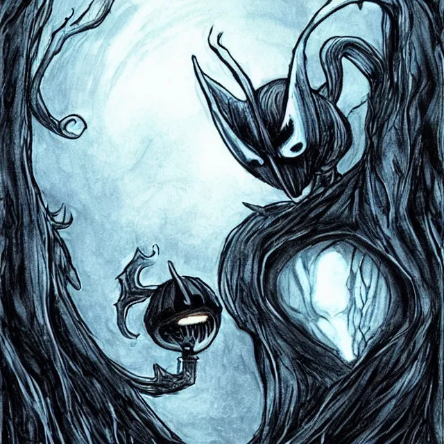 Prompt: elden ring charcter in the style of hollow knight