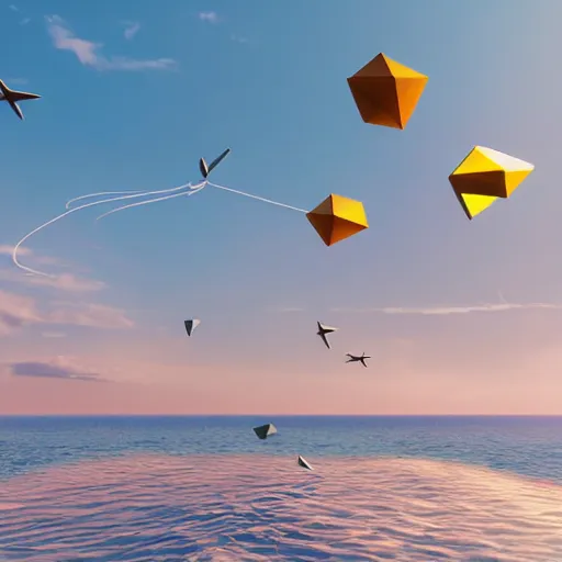 Prompt: geometric 3 d objects flying above sea, sea line, glass glossy material, sunny sky, vray render