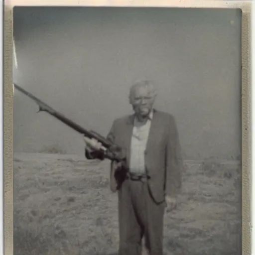 Prompt: old polaroid photo of an old man holding a rifle and standing proudly next to a dinosaur corpse