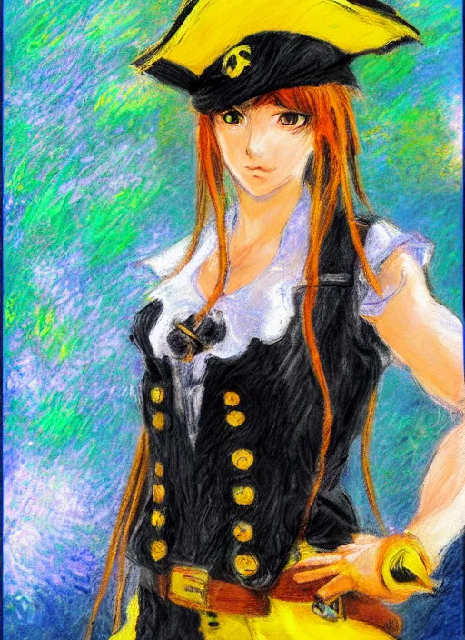 Image similar to a portrait of a female pirate, electric yellow uniform, very anime in impressionist style, anime trending artwork, anime painter studio, by claude monet