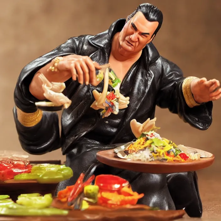 Prompt: detailed figure of steven seagal from asian connection flipping a table of food, first 4 figures, detailed product photo