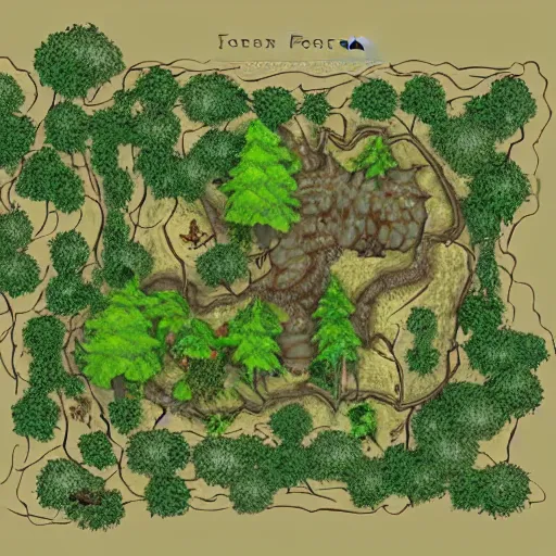 Prompt: a DND forest map created in inkarnat and dungeon draft . Aerial view, d&d tabletop. Art station, Patreon