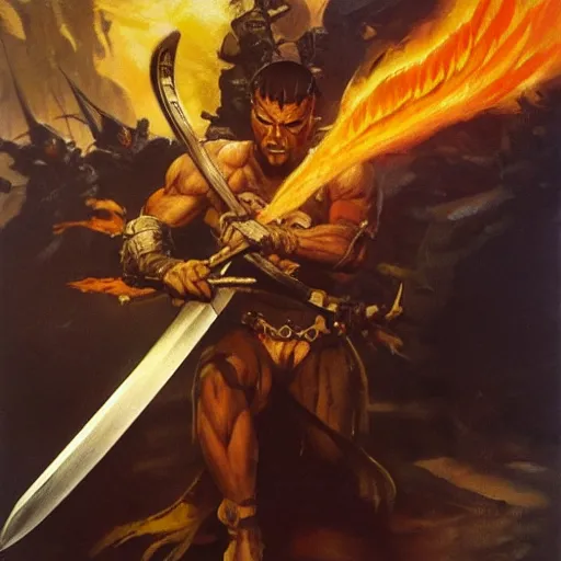 Prompt: a sword where the blade is a fire tornado, painting by frank frazetta, highly detailed, high quality, 8 k, soft lighting, realistic face, path traced