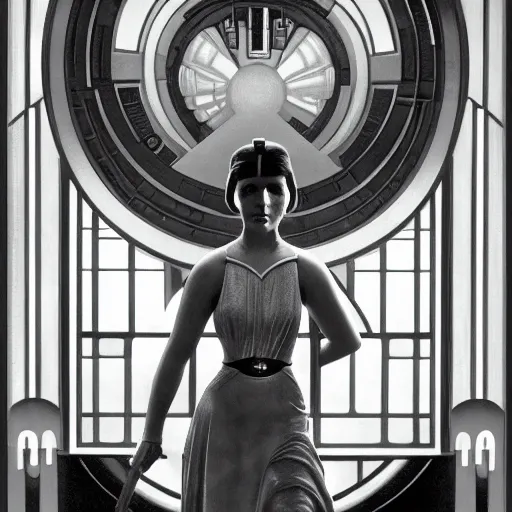 Image similar to princess leia, 1 9 3 0 s goddess, in front of round, art deco death star window, iconic, decorated by fritz lang and ralph mcquarrie, hyperrealistic full figure, by george tooker, fantasy art, intricate detailing, dynamic lighting, artstation, full figure poster, very detailed face, 4 k,