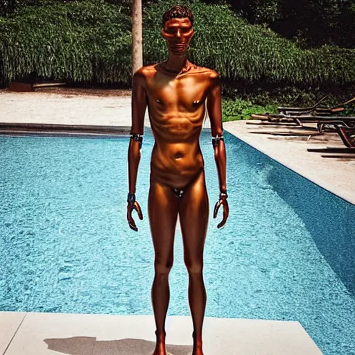 Image similar to “a realistic detailed photo of a handsome guy who is named Gordon Berta, frozen like a statue, with shiny skin, by a pool, on display, half humanoid, half robot, blank stare”