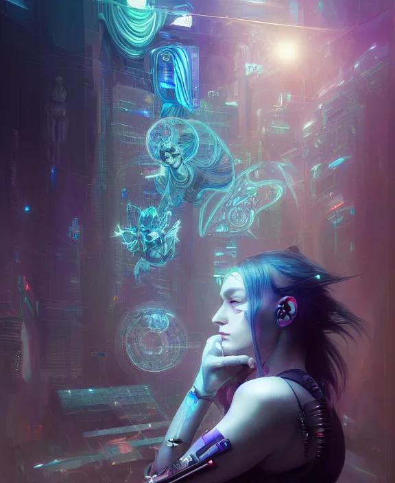 Image similar to a whirlwind of souls rushing inside the metaverse, hologram, half body, neurochip, shaved temple, piercing, jewelry, android, cyborg, cyberpunk face, by loish, d & d, fantasy, intricate, elegant, highly detailed, colorful, digital painting, artstation, concept art, art by artgerm and greg rutkowski and alphonse mucha