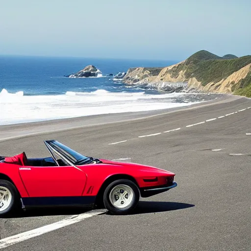 Prompt: “an action photograph of a black 1972 Ferrari Daytona Spyder racing along the Pacific Coast Highway, ocean in the background”