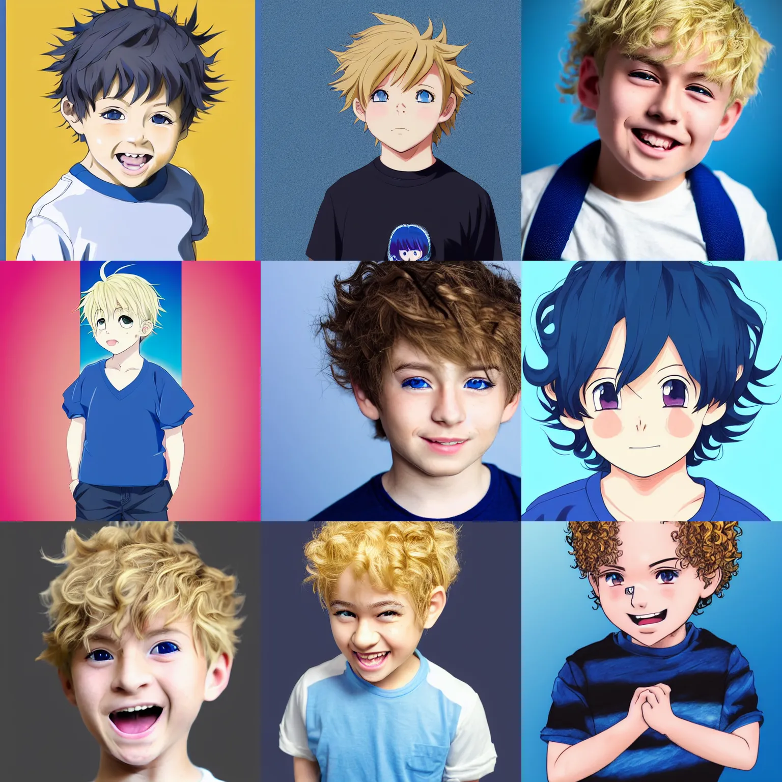 Prompt: A medium shot anime portrait of a young smiling anime boy child with extremely short curly wavy light blonde hair and blue eyes, buzzed hair on the sides, blue-eyed, chubby face, very young, 4yr old, medium shot portrait, wavy and short top hair, his whole head fits in the frame, solid color background, flat anime style shading, head shot, 2d digital drawing by Stanley Artgerm Lau, WLOP, Rossdraws, James Jean, Andrei Riabovitchev, Marc Simonetti, and Sakimi chan, trending on artstation