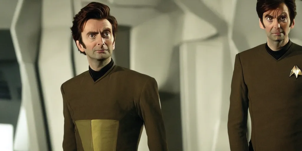 Image similar to David Tennant as Doctor Who, in Starfleet uniform, in the role of Captain Kirk in a scene from Star Trek the original series