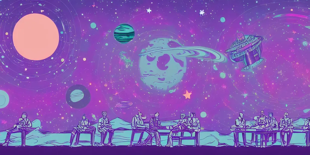 Image similar to twelve astronauts sitting by the river with a big holiday cake + psychedelic vegetation + purple, pink, blue + planets and stars + mystical fog, vintage sci - fi style of the 5 0 s, rule of the third!!!!, line graphics, 8 k, super detail, high quality