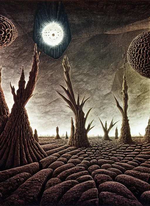 Prompt: the ancient alien home world by remedios varo and ivan shishkin and zacharias aagaard and simon stalenhag and escher, dry river bed, barren desert landscape, chiaroscuro, tonalism, sfumato, high saturation, high contrast, vibrant, highly intricate details, dusty