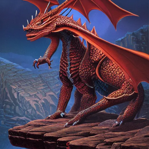 Prompt: bizmuth dragon glowing coals between bizmuth scales dragon profile eyes glowing on a plateau table rock book cover by artist michael whelan photorealistic