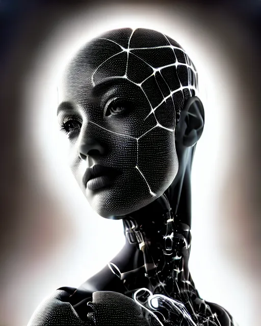 Prompt: black and white cyborg goddess high quality portrait, artificial intelligence, bio-mechanical bio-luminescence, artificial spider web, neurons, nerve cells, octane render, cinematic, hyper realism, high detail, 8k, in the style of Steven Meisel