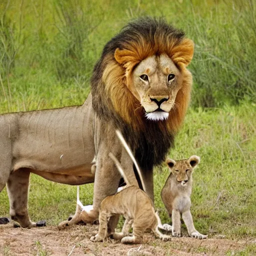 Prompt: lion eats a dear, feasting lion family,