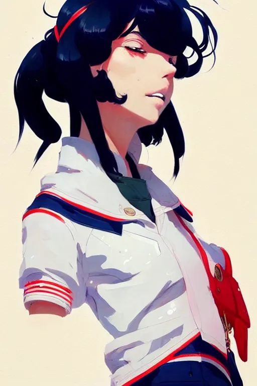 Image similar to a ultradetailed beautiful panting of a stylish woman wearing a sailor uniform, she has black hair, by conrad roset, greg rutkowski and makoto shinkai, trending on artstation