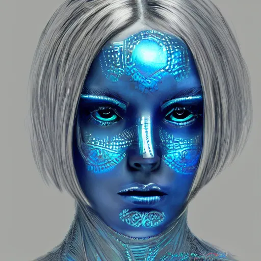 Image similar to portrait of a female android made of steel, face completely covered in phthalo blue filigree, glowing blue eyes, filigree, elegant, sharp focus, graceful, master crafted, trending on artstation, award winning, beauty,