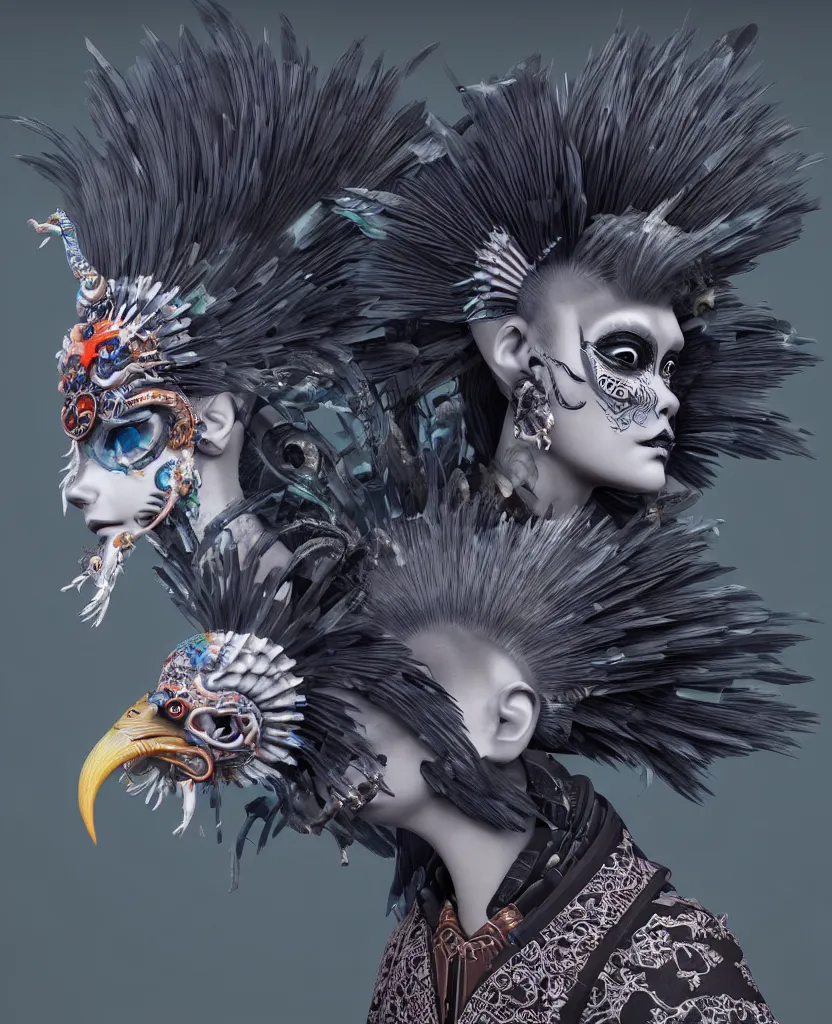 Image similar to 3 d goddess close - up profile portrait punk with mohawk with ram skull. beautiful intricately detailed japanese crow kitsune mask and clasical japanese kimono. betta fish, jellyfish phoenix, bio luminescent, plasma, ice, water, wind, creature, artwork by tooth wu and wlop and beeple and greg rutkowski