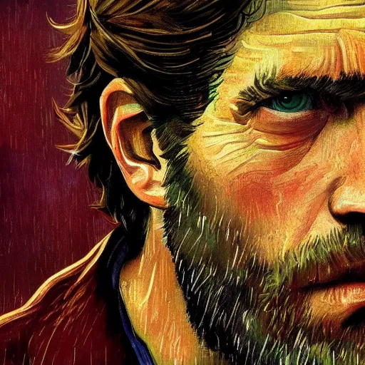 Image similar to Joel Miller (from The Last of Us) in the style of Vincent Van Gogh, masterpiece digital painting, 4k wallpaper, intricate detail, beautiful, gorgeous, stunning, artstation