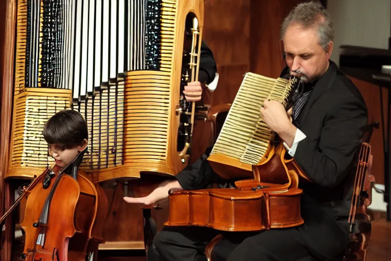 Prompt: strange hybrid musical instrument that is part cello mixed with an accordion and a small pipeorgan. audience perspective.