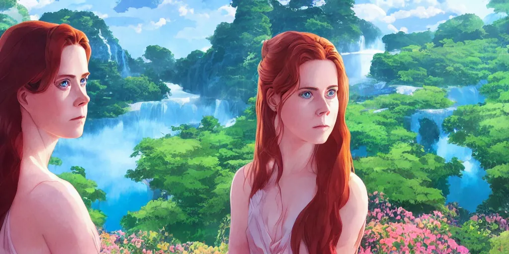 Prompt: amy adams face in front of a lake with gardens and waterfall vibrant highlights sharp no contrast trending pixiv fanbox by alex ross by victo ngai james gurney makoto shinkai takashi takeuchi studio ghibli