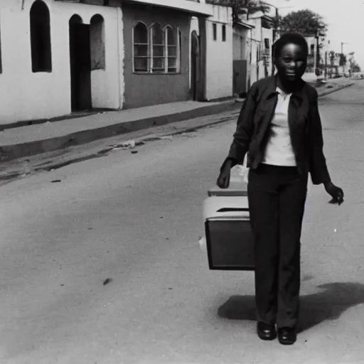 Image similar to of a young 2 1 year old white girl on the main street in bulawayo with a suitcase in 1 9 6 0 black and white photograph