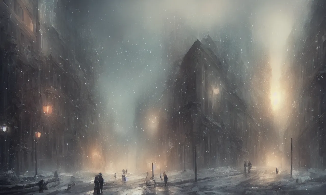 Image similar to a concept of Bucharest in winter in the style of Charlie Bowater, Charlie Bowater , sunset