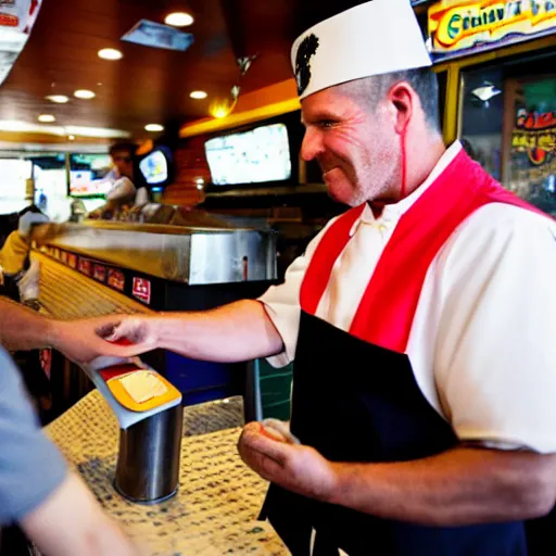 Prompt: a photograph of a real - life popeye the sailor man handing change to a customer at a popeye's chicken restaurant. he is behind the counter wearing a uniform, the customer is wearing khakis and a coat.