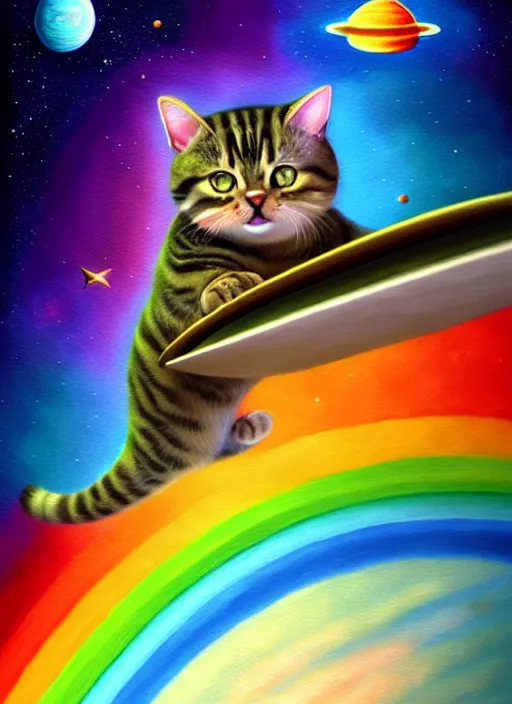 Image similar to a chubby tabby cat surfing on a rainbow in outer space, diffuse lighting, fantasy, intricate, surrealism!!!!, highly detailed, lifelike, photorealistic, digital painting, artstation, illustration, concept art, smooth, sharp focus,