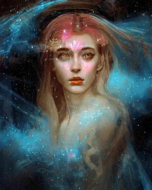 Prompt: a beautiful and eerie baroque painting of a gorgeous young woman in dead space, with wild blonde hair and haunted eyes, 1 9 7 0 s, space station, neon light showing injuries, delicate ex embellishments, painterly