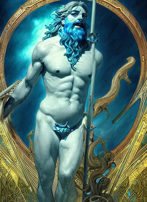 Image similar to the god poseidon with trident, glowing eyes, volumetric lights, blue and cyan scheme, art nouveau botanicals, gothic, intricate, highly detailed, digital painting, artstation, concept art, smooth, sharp focus, symmetric face, illustration, art by artgerm and greg rutkowski and alphonse mucha