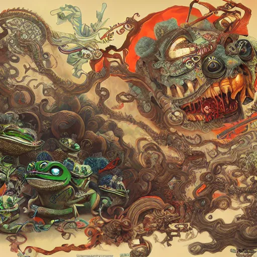 Image similar to a hyperdetailed design of pepe the frog, ferocious, chinese mythology, victo nga, fumo yoshitoshi, ren jing jeong, feifei ruan, peter mohrbacher,, biomehieronymus spang, arunanondchai, murals, veileducationary, esllection, digital art