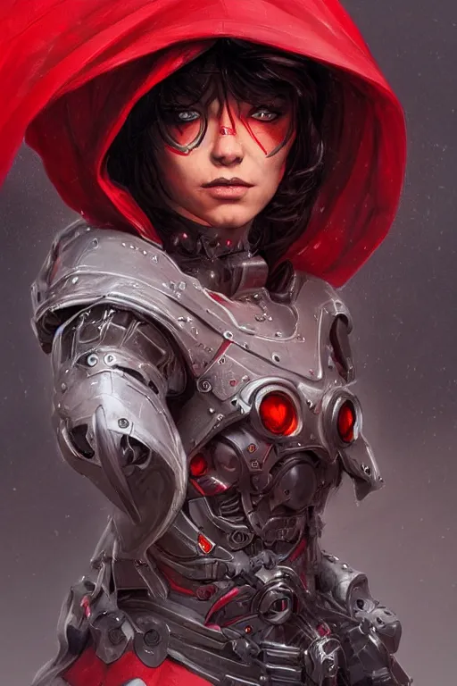 Prompt: cyborg red riding hood, d & d, fantasy, portrait, highly detailed, headshot, digital painting, trending on artstation, concept art, sharp focus, illustration, art by artgerm and greg rutkowski and magali villeneuve