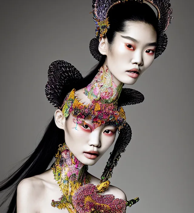 Prompt: photography american portrait of a stunning asian woman like ming xi. great hair style,, half in shadow, natural pose, natural lighing, rim lighting, wearing an ornate stunning sophistical fluid dress and hat iris van herpen, colorfull newbaroque makeup by benjamin puckey, highly detailed, skin grain detail, photography by paolo roversi