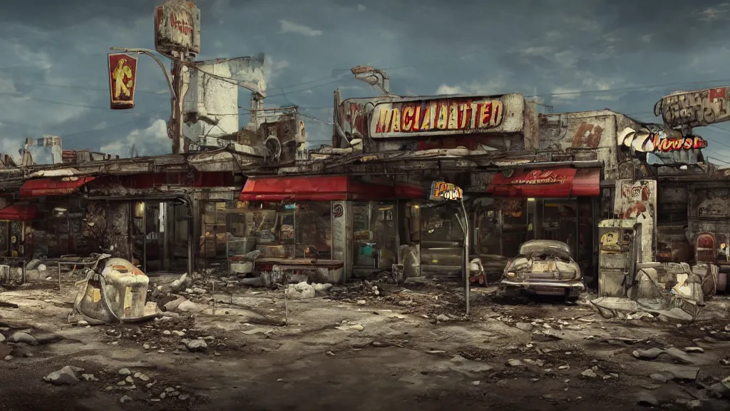 Prompt: post apocalyptic McDonald's, fallout, octane render, 4k