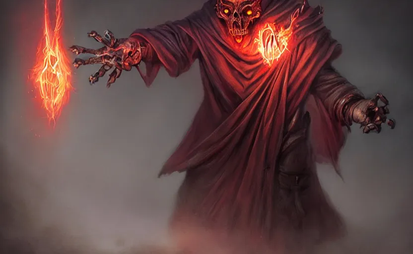 Image similar to portrait of a humanoid rat sorcerer with a rat skull face, glowing red eyes in the rat skull, dark hooded sorcerer robes, fantasy, d & d, greg rutkowski, frank frazetta, intricately detailed, impressive lighting, misty environment, holding a blue flame in each hand, power stance, ultimate power, doom, 8 k hdr