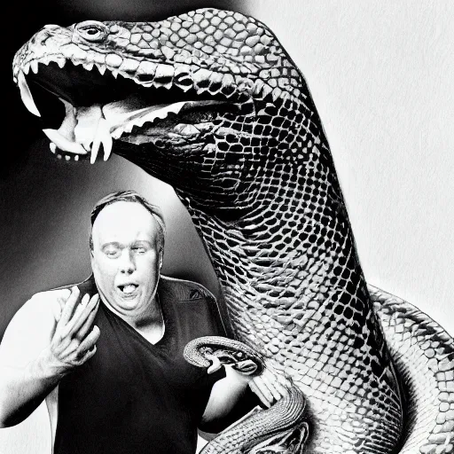 Image similar to alex jones swallowing a large snake, photorealistic,