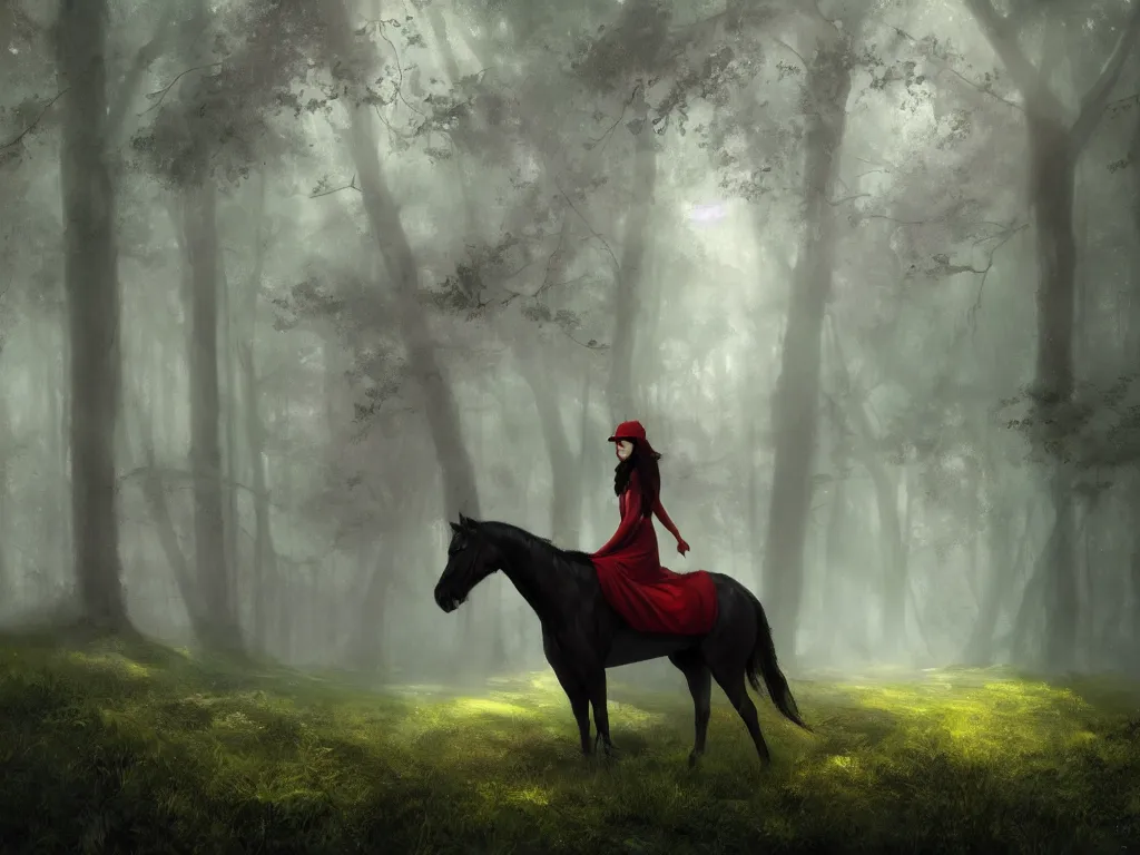 Image similar to a female beauty wearing a red cap rides through a dense green oak and beech forrest on a strong black horse, rays of life, cinematic, fantasy art, moody evening light, foggy, trending on artstation, by esao andrews, by naoto hatori, by tyler jacobson