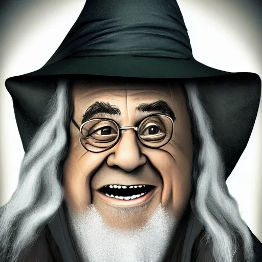 Image similar to portrait danny devito as gandalf, deviantart, smile, ultra realistic