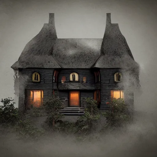 Image similar to village horror house in forest darkness dark unreal render fog highly detailed