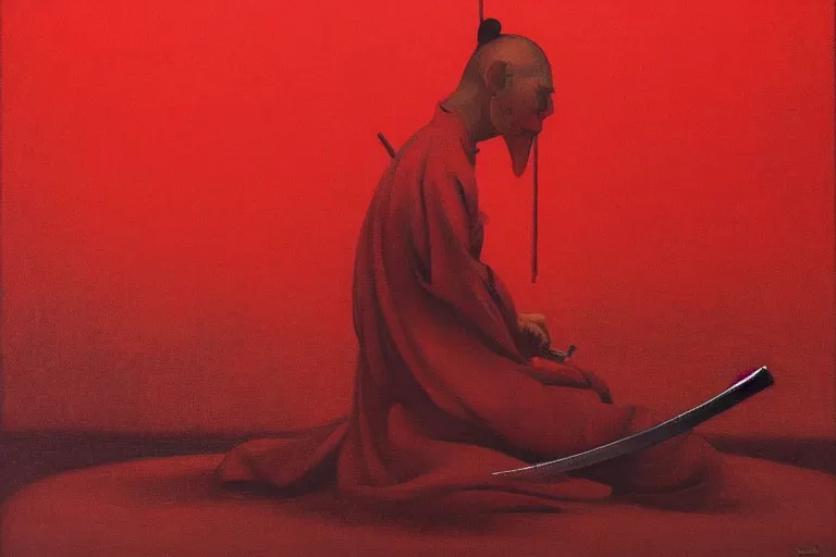 Image similar to only with red, a red samurai harakiri, tokio, a lot of frogs watch, in the style of beksinski, parts by edward hopper, parts by rodcenko, parts by yue minjun, intricate and epic composition, red by caravaggio, insanely quality, highly detailed, masterpiece, red light, artstation, 4 k