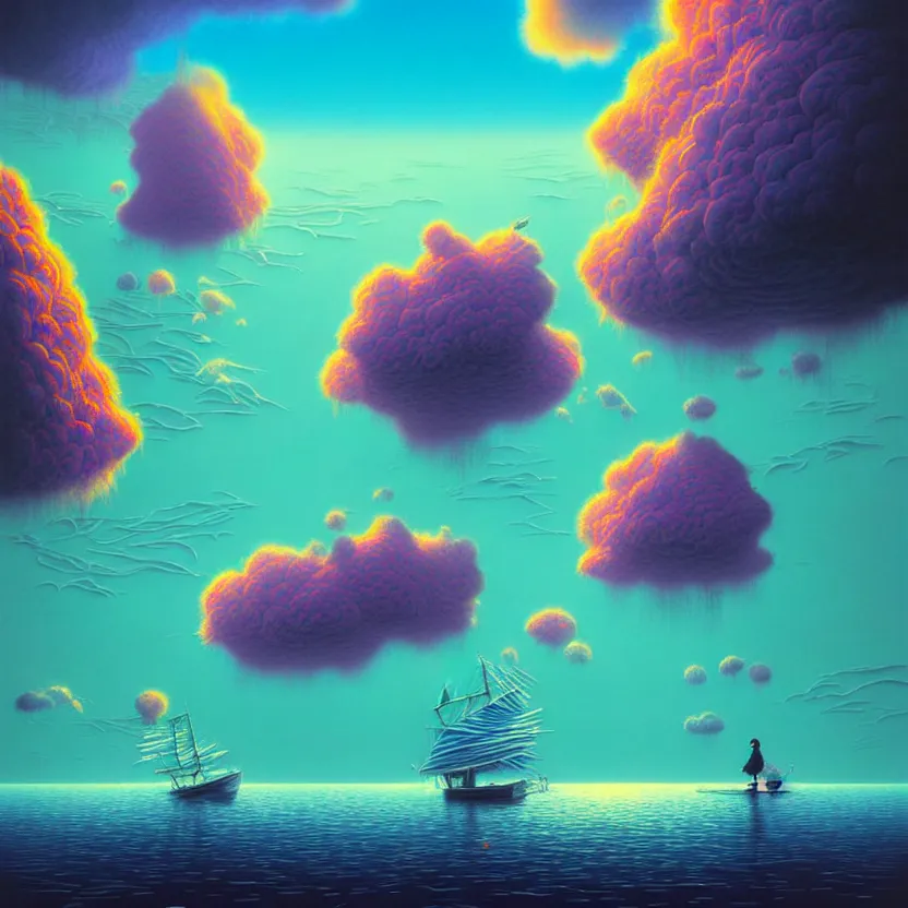 Image similar to sea cloud, summer morning, very coherent and colorful high contrast, art by! gediminas pranckevicius! geof darrow, pastel color, volumetric lighting, cinematic, floralpunk screen printing woodblock, dark shadows, hard lighting, stippling art